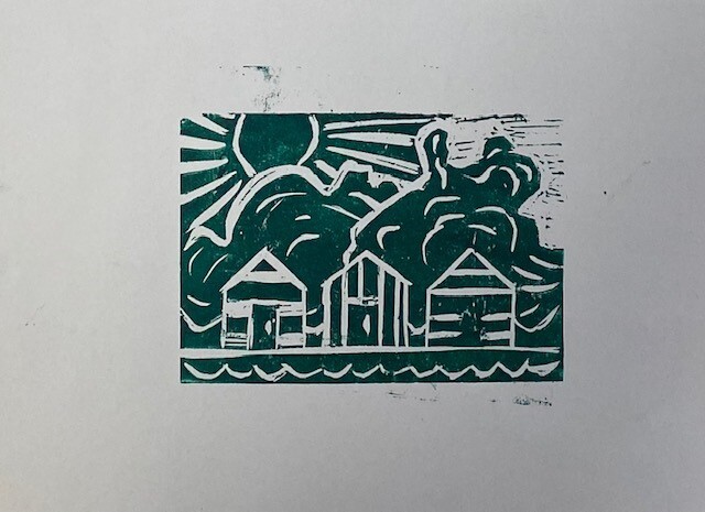Lino print of beach huts